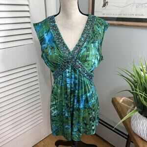 Vintage Cache Tunic Womens Large Green Abstract Slinky Beaded Artsy Boho Chic